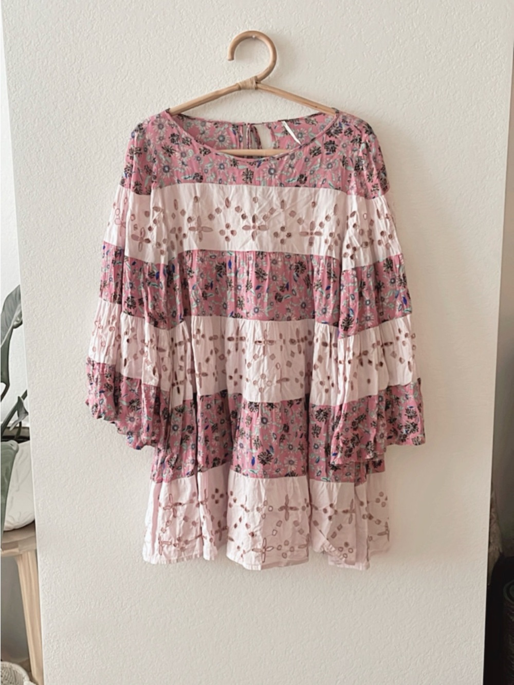 Free People Pink and Cream Floral Tiered Mini Dress